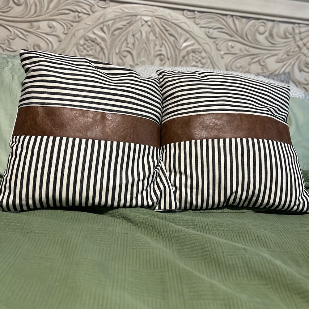 Jax & Grace Set of 2 Throw Pillows Striped Faux Brown Leather